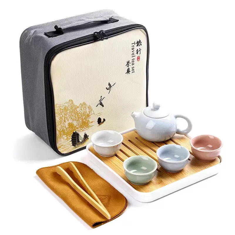 Juego de té de cerámica kungfu de viaje, 4 tazas, tazas de té personalizadas, juego de té portátil de cerámica con caja de regalo