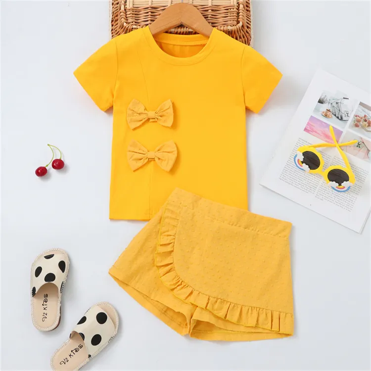 Infant Kids Baby einfarbig Bow Knot T-Shirt Rüschen Saum Shorts Mädchen Casual Sommer anzug