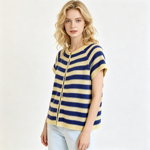 2026 New Arrival <strong>Navy</strong> Striped Knit <strong>Cardigan</strong>, Women's Short Sleeve Button Down Crew Neck Knitted Top, Knitwear - Product Image 6