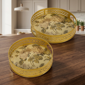Floral Pattern <b>Round</b> <b>Serving</b> <b>Trays</b> With Handles Polished Metal Finish Residential Use - Product Image 5