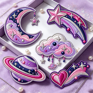 Ensemble de patchs brodés Cosmic Candy, motif lune, étoile, planète, cœur, nuage, rose, violet, pastel, thème féerique, applique décorative - Product Image 2