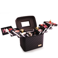 Boîte à maquillage en cuir PU matelassé avec miroir, plateaux pliables multicouches, étui de rangement cosmétique portable pour voyage avec couvercle