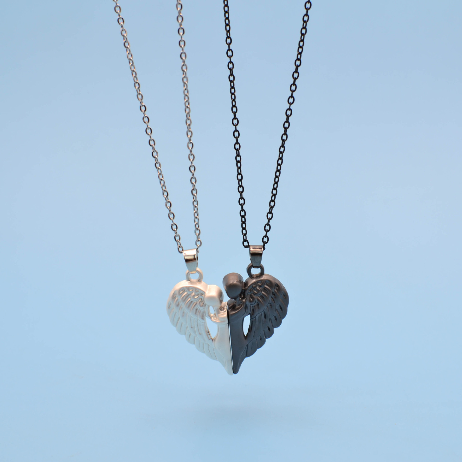 Flongo Set Collane Coppia Ali D'Angelo Cuore – In Acciaio Inox Con Strass, Regalo Per Lui E Lei