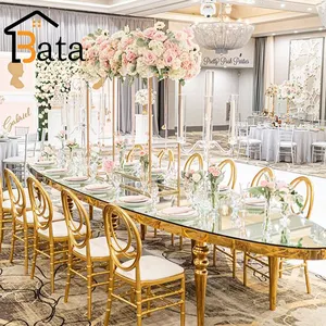 Cam üst oval şekil yemek masası altın paslanmaz çelik çerçeve otel düğün masa