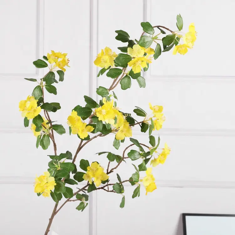 ホームウェディング用シルクフラワーアレンジメント黄色白アプリコットブロッサム人工枝花茎