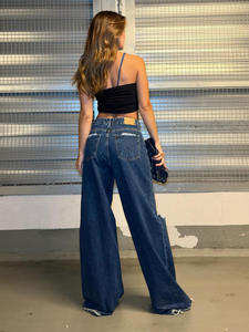 Pantalones vaqueros rasgados de pierna recta informales sueltos para mujer, pantalones vaqueros de pierna ancha de tiro bajo, bolsillos, cinturón Hip Hop High Street lavable - Product Image 4