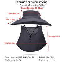Chapeau Bob à Large Bord avec Cache-Visage et Cache-Cou en Maille de Nylon, Chapeau de Soleil d'Extérieur pour la Pêche et la Randonnée, Hommes et Femmes
