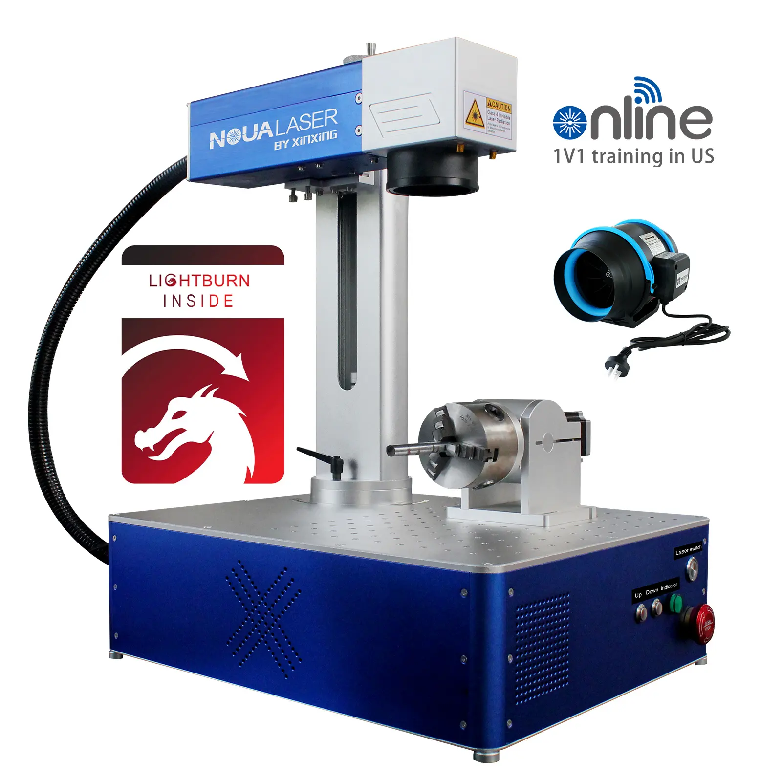 30w 50w 60w 80w 100w Fiber Laser Marking Machine Electric UP DOWN,LightBurn Inside,With Rotary Axis,6in Inline fans,OD7+ glasses