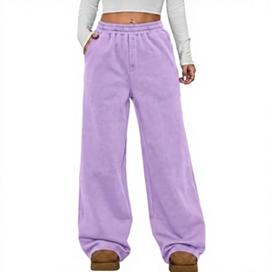 Pantalones anchos de felpa lavanda para mujer, de cintura media con cordón, ajuste regular, largo completo, color liso, casual, de verano, de algodón tejido, de secado rápido. - Product Image 1