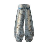 Jeans pour hommes en denim délavé, coupe Scimitar à jambe large, brodés, effet usé