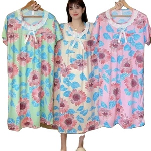 ชุดนอนลำลองของผู้หญิงพิมพ์ลายดอกไม้ชุดนอนเลานจ์สไตล์ชายหาดฤดูร้อนลูกไม้คอกลมผ้าไหม<span class=keywords><strong>นม</strong></span>โอเวอร์ไซส์เดรสเสื้อยืดใส่อยู่บ้าน - Product Image 1