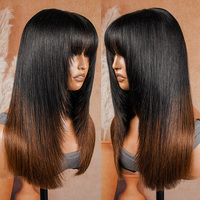 Perruque Bob en cheveux humains vietnamiens sans colle avec frange, coupe droite, ombré marron, perruque Lace Front pour femmes, qui flattere le visage