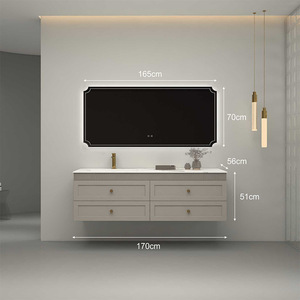 Modern <b>floating</b> bathroom vanity with vessel sink and round mirror wall mounted two drawers - Product Image 3