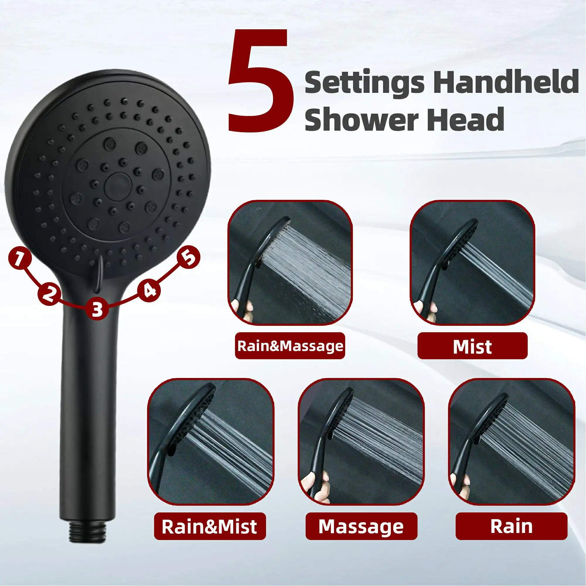 ראש מקלחת גשם בלחץ גבוה דק במיוחד 8 אינץ' ו-5 הגדרות ראש מקלחת כף יד עם מסיר מים