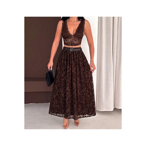 Women's Brown Flocked Tulle Skirt <b>Elastic</b> Waist 100 Cm Hijab Friendly Long A Line - Product Image 1