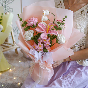 Ramo <span class=keywords><strong>Floral</strong></span> Romántico de Ganchillo al por Mayor, Hecho a Mano, Ecológico, Listo para Regalo del Día de San Valentín, Aniversario de Bodas - Product Image 2