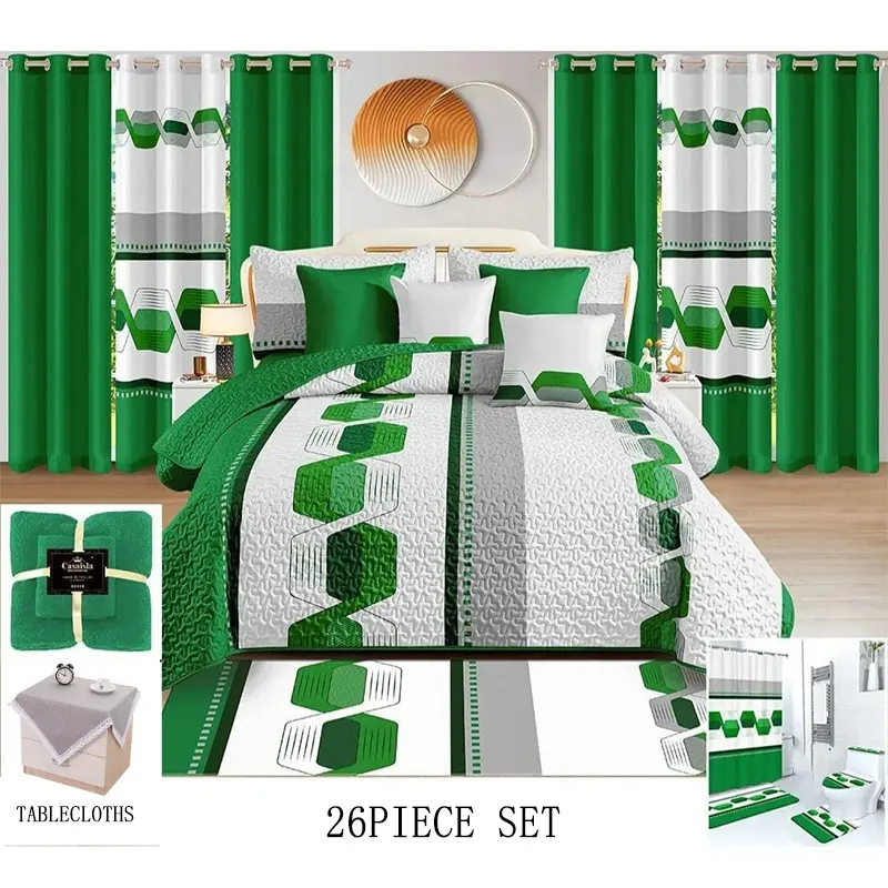 Set di biancheria da letto in poliestere impermeabile da 26 pezzi con stampa floreale verde blu Navy 3D