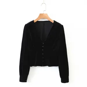 V neck long sleeve slim fit design black color velvet blouse women trendy tops