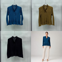 Chemisier plissé de luxe minimaliste vert sarcelle pour femme, col en V, volants, peplum, manches longues, chemise plissée, tenue de bureau, vente en gros, boutique personnalisée