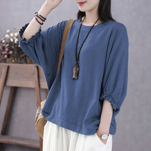 Plus Size Women's Summer Batwing Sleeve Top Crew Neck Three Quarter Sleeve Polyester Blouse For Curvy Women - Product Image 1