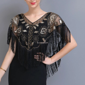 2026 new women's <b>sequined</b> shawl, tassel bead pearl tassel transparent mesh fabric outer breathable <b>top</b> - Product Image 2