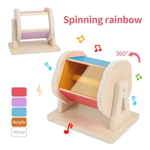 Montessori Materials Education Wooden Musical Rainbow Colors Toys Spinning Rainbow Drum With Bell Montesori Glitter Baby Game
