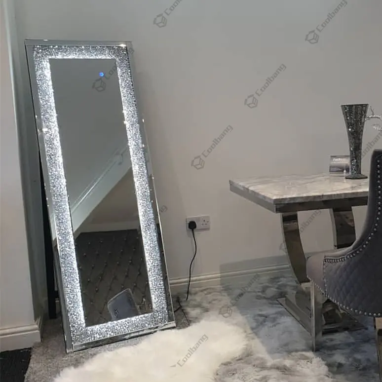 modern full length standing floor crushed diamond mirror standing with LED light