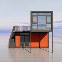Cabane surélevée 20 pieds, maison conteneur préfabriquée pliable, balcon en verre, terrasse orange, acier isolé, sur versant de colline, personnalisable OEM ODM
