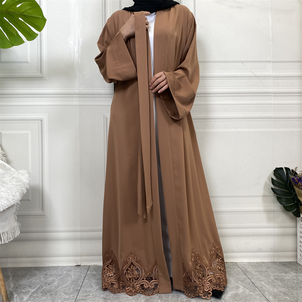 1947# Long Sleeve Beautiful Lace  Elegant Simple Abaya For Muslim Women - CHAOMENG MUSLIM SHOP