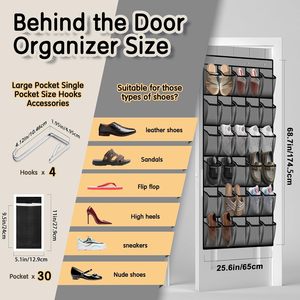 Organizador de zapatos para colgar sobre la puerta, 30 bolsillos, almacenamiento colgante de malla para zapatos detrás de la puerta, montaje en pared, gris - Product Image 3