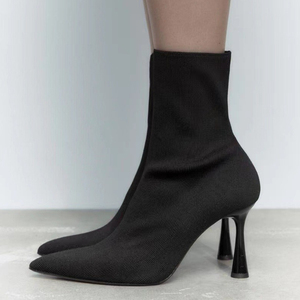 Bottines noires pour femme, 9 cm, tendance, en tricot élastique, courtes, pour l'hiver - Product Image 3