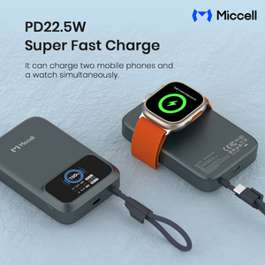 Miccell - Baterías Externas Semisólidas de 10000 mAh con Cable de Datos 3 en 1, Carga Rápida Inalámbrica Magnética de 22.5W para Teléfono y Reloj - Product Image 4