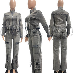 Pakaian Denim katun wanita, pakaian jins ramping dua potong, jaket Denim Crop, Set Jeans musim gugur - Product Image 5