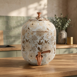 Distributeur d'eau moderne de luxe à double paroi en cuivre avec couvercle et robinet à motif floral - Personnalisable pour le bureau et la maison - Product Image 1
