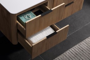 Lemari kamar mandi kayu solid bergaya minimalis modern dengan laci, wastafel, dan meja rias terintegrasi - Product Image 5