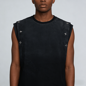 เสื้อยืดแขนกุดผู้ชายสไตล์วินเทจ แต่งกระดุม ผ้าฝ้าย 100% 240 กรัม ซักแบบ Stone Washed ทรงโอเวอร์ไซส์ ระบายอากาศได้ดี - Product Image 2