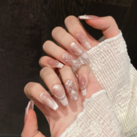 Faux ongles ronds élégants français à presser, en acrylique, couvrance totale, amande rose, effet œil de chat, perle, faits à la main, avec colle