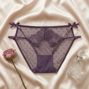 Culottes en dentelle à pois pour femmes, avec double lanière fine et détail nœud, taille basse, sous-vêtements féminins sexy transparents, vente en gros - Product Image 3