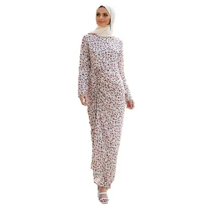 MANNI Women Ruched Hijab Dress Maxi Chiffon Floral Muslim Dubai Turkey Arab Islamic Clothes