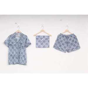 Conjunto de Pijama de Otoño para Mujer, 100% Algodón, Estampado Floral en Satén, Cintura Elástica, Cuello Camisero, Manga Corta - Product Image 1