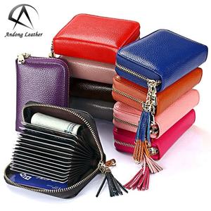 Porte-cartes en cuir de vache véritable pour femmes, porte-monnaie avec blocage RFID, sac à monnaie en cuir véritable, portefeuille à fermeture éclair pour femmes - Product Image 1