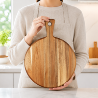 Planche à découper en bois d'acacia avec poignée, plateau rond en bois pour charcuterie, plateau de service pour viande, planche de boucher, plateau à pizza