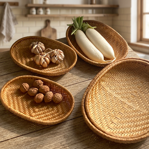 Handwoven Oval Bamboo Storage <b>Basket</b> Woven Fruit Tray Eco-Friendly Multifunction Organizer for Kitchen <b>Food</b> Storage - Product Image 2