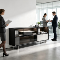 Table de réunion Stellan B, table de conférence de bureau commerciale, placage en chêne blanc avec prise électrique