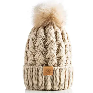 Bonnet d'hiver côtelé pour femmes Bonnet croisé Chunky Cable Knit Pompom Soft Knitted Hat