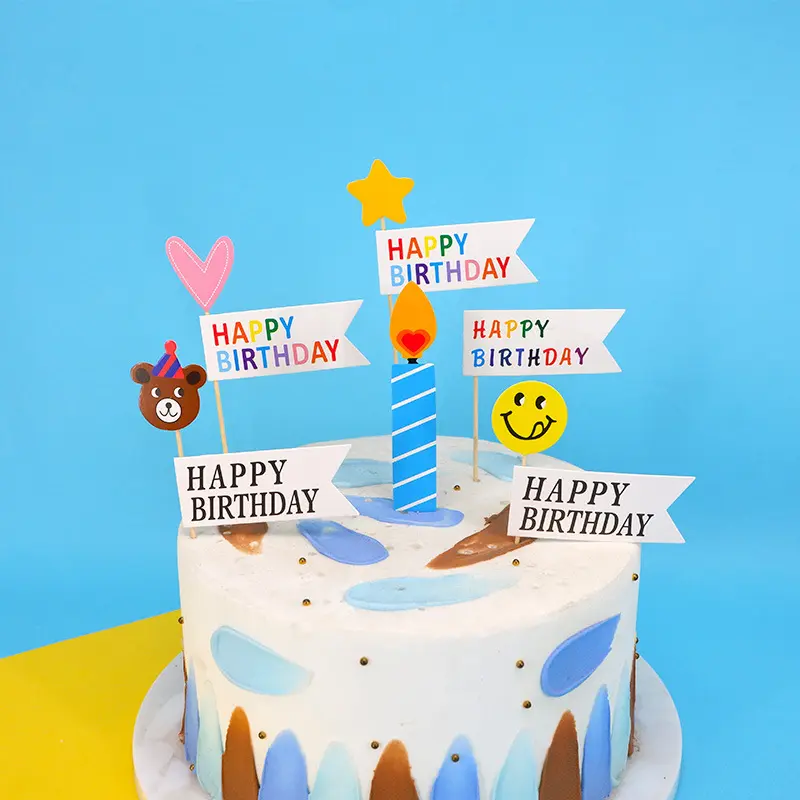 Ins Popular Cake Decoration Cartoon Little Bear Little Flag Happy Birthday Cake Toppers Plugin