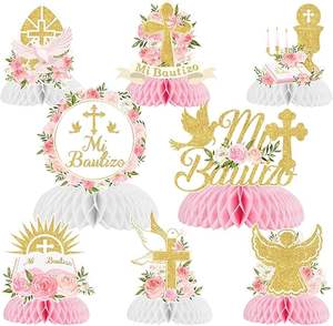 8 Piezas de Centros de Mesa de Panal de Abeja para Bautizo, Decoraciones para Baby Shower de Niñas, Color Rosa Floral, <span class=keywords><strong>Dios</strong></span> Bendiga, Primera Comunión - Product Image 1