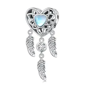 925 Sterling Silver Blue Heart-shaped Dreamcatcher Beads Feather Charms for Women Bracelet & Necklace DIY Fine Jewelry BSC749