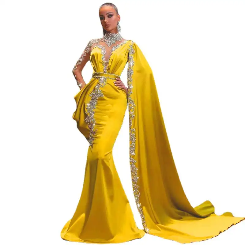 Las mujeres al por mayor vestido de noche amarillo salpicado oro lentejuelas vestido de mujer largo elegante vestido de fiesta
