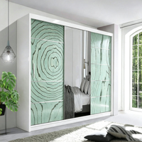 Armoire coulissante en mélamine imprimée motif anneaux d'arbre vert frais avec porte miroir pour rangement de vêtements à usage domestique